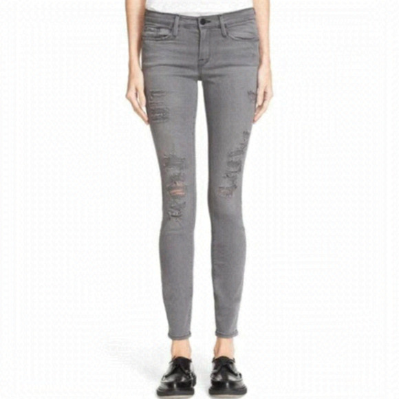 𝅺FRAME Denim Le Skinny de Jeanne Grey Shred - Picture 1 of 13